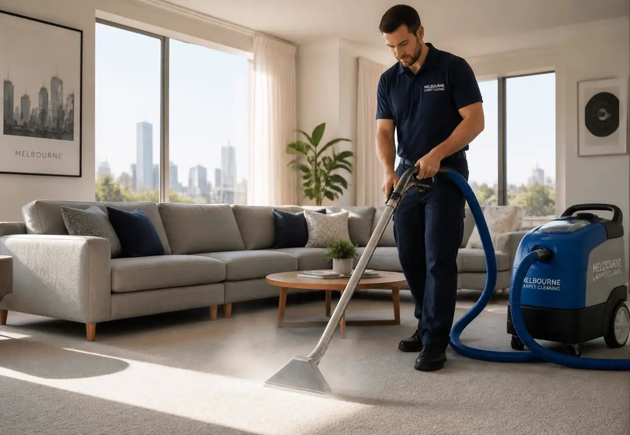 Technician steam cleaning carpet in a bright Melbourne living room